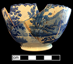 London shape pearlware cup underglaze printed in medium blue, scalloped rim. (3 views of cup shown here) 5.5” rim diameter; 3.25” vessel height.